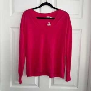 GAP bright pink lightweight sweater size M NWT linen blend V-neck pullover